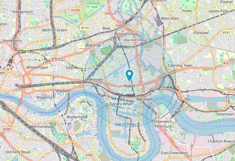 Map of the Swift Handy Works service area centred on Poplar and the Isle of Dogs, covering Canary Wharf, Limehouse, Bow, Mile End, Bethnal Green and Whitechapel in East London.